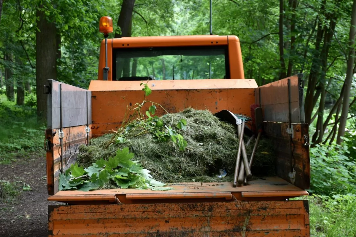 Orange utility truck carrying green garden waste in forest.