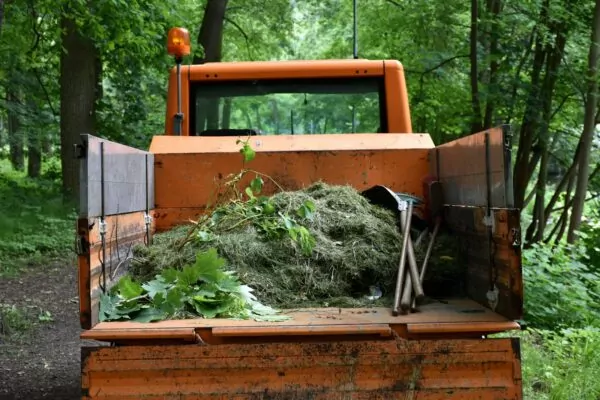 Orange utility truck carrying green garden waste in forest.